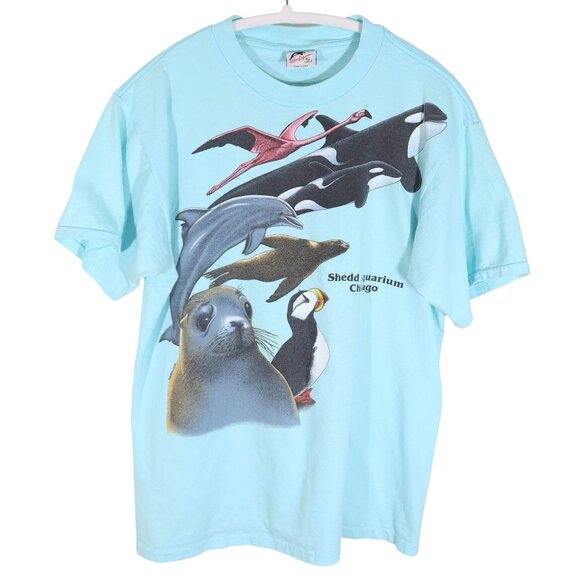 Vintage SHEDD AQUARIUM Chicago All Over Marine Animal Print Sz L Nature Science - Picture 1 of 8